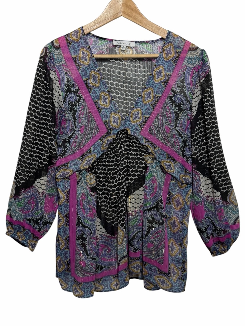 Rose + Olive Women Pink Black Paisley Mixed Print V Neck 3/4 Slv Top Size S Boho